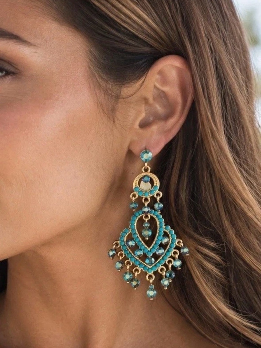 Turquoise Blue Crystal Chandelier Earrings Gold Tone Boho Statement Dangle 2”